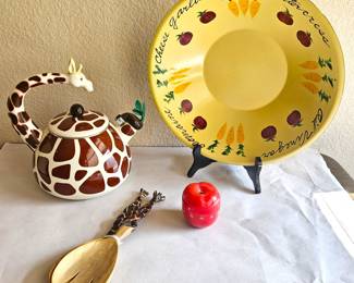 Whimsical Kitchen Lot! Giraffe Tea Kettle and Giraffe Salad Servers, Plus Painted Tin Serving Bowl & Red Egg Timer