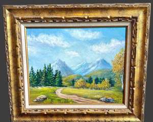 Gold Framed Landscape Oil Painting with Beautiful Mountain View