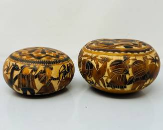 Handcrafted Peruvian Carved Gourd Boxes with Intricate Animal and Floral Carvings