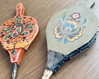 Pair Vintage Hand Painted Scandinavian Bellows Folk Art Rosemaling Fireplace Decor