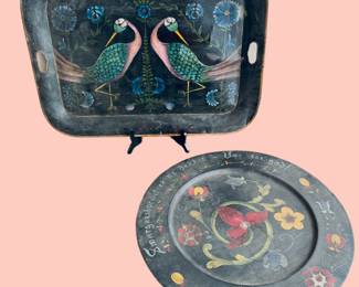 Vintage Norwegian Painted Toleware Tray Round Smorgasbord Wall Plate Folk Art