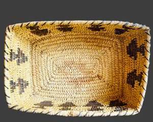 Vintage Native American Pima Hand Coiled Basket – Geometric Step Pattern – Rectangular Form