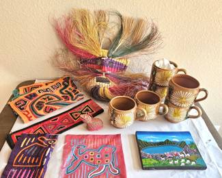 Lot of Mexican and South American Items, Coffee Mugs, Tribal Mask, Art, and Textiles, & Handwoven Wounaan Emberá Mask