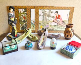 - Assorted Japanese and Asian Collectibles: Vintage Placemats, Geisha Shoes, Cloisonne Music Box & More