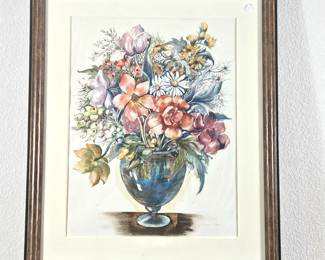  Framed Original Watercolor Floral Still Life Art 28" x 33" - Signed by Unknown Artist