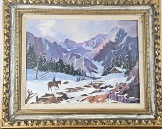  1969 Framed Mountain Landscape Painting by Mary Anne Novak w/ Cowboy Returning Home 32x26