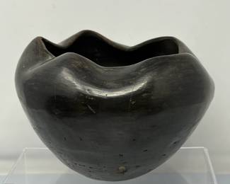 Santa Clara Pueblo Black Pottery- Black Clay Vase with Scalloped Rim