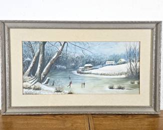Framed Original Watercolor Landscape Art Showing Skaters on a frozen River - Artist Unknown - 31.5 x 18.5