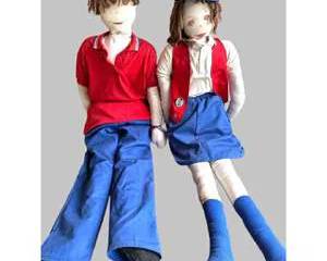  LIFE SIZE Vintage Campfire Kids Cloth Teaching Dolls Pair – Large Handmade Boy & Girl in Red Blue Outfits