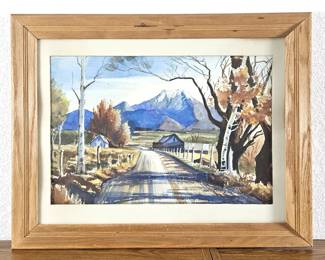 Original Watercolor Landscape with Mountain and Town Scene - 27.5" x 21.5"
