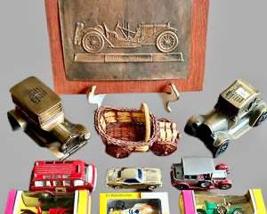Vintage Matchbox and Brass Collectible Vehicles and Wall Plaque Set