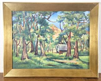 - Original Oil Painting on Canvas (No signature) Wagon in Mountain Woods in Wyoming - 29" x 23"
