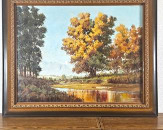  Antique 1901 Landscape Oil Painting on Canvas with Golden Autumn Trees - 43" x 35"
