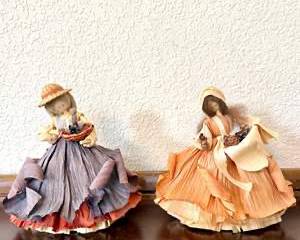 Darling Vintage Corn Husk Dolls - One Holding a Basket of Kittens, the Other Holding Pine Cones