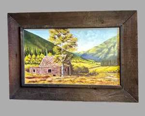 1970’s Framed Rustic Colorado Landscape Painting of Cabin and Mountains Silverton Railroad
