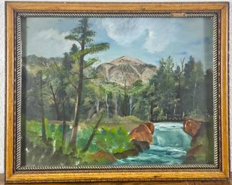 Framed Original Art Oil on Board Landscape Painting with Waterfall and Trees Framed & Signed by Unknown Artist