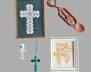 Collection of Decorative Crosses and Religious Art Pieces - Some Framed Lace