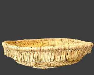 - Vintage Handwoven Palm Fiber Basket 20" – Herringbone Weave w/ Fringe Trim – Rustic Folk Art