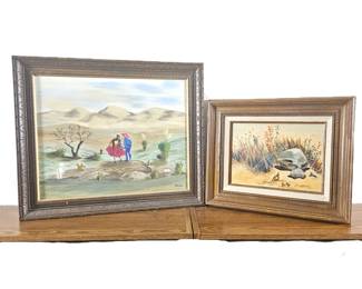 Set of Two Original Art Pieces - Mexican Couple Dancing in Desert by Ken Landers and Landscape Scene by "Irene"