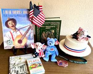 Patriotic Collectible Bundle Featuring Flags, Plush Toys, Memorabilia and Vintage Americana Book and Song Book