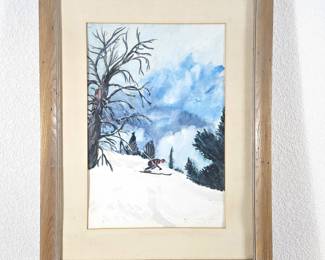  1953 Framed Watercolor Painting of Skier in Snowy Landscape Signed by Unknown Artist - 23.5" x 31"

