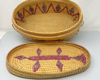 Oval Hand-Woven Basket with Lid- Papago Geometric Design Inside