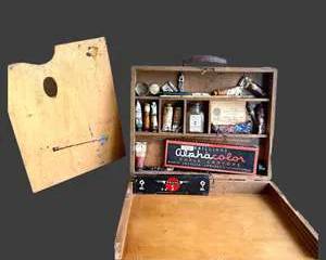  Antique Wooden Art Supply Case with Palette and Color Tubes