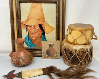 Vintage Native American Artwork, Handcrafted Drums, Peruvian Vase