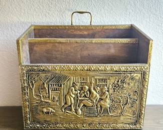  Vintage Brass Embossed Magazine Organizer 14"x16"x7" w/ Handle