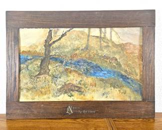 Very Old Original Oil Painting Framed Nature Artwork "A Farm by the River" in Mahogany Frame 30" x 22"