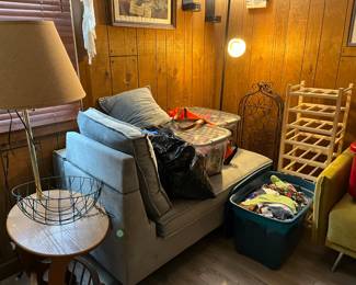 End table with lamp, wine racks, chaise lounge