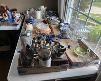 Compote, Blue Willow dishes, coffee grinder, more dishes