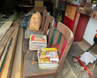 4 antique oak chairs, WOOD magazines