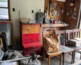 toolboxes, oak chairs