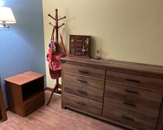 Coat tree, jewelry box and contents, dresser, night stand