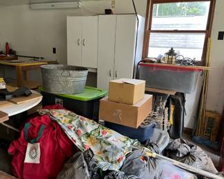 Patio umbrella, metal wash bucket, lots of misc