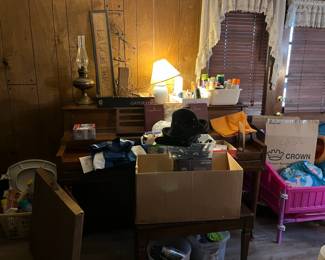 Upright piano, craft supplies, and more