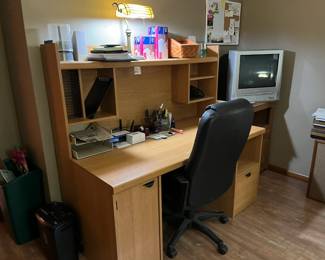Office desk, office chair, brass lamp