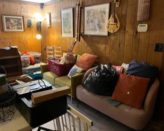 2 MCM Mid Century Modern couches/loveseats, printer, household items