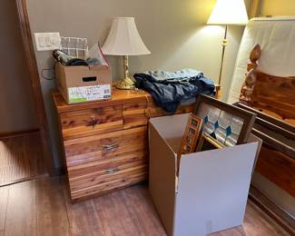 Lamps, cedar dresser, inflatable bed
