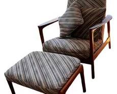 Mid Century Modern Upholstered Reclining Armchair with Adjustable Ottoman, Made in Sweden. In the style of Arnt Lande.