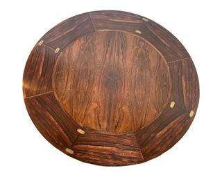Dyrlund Danish Mid Century Rosewood Lotus Flip Flap Circular Dining Table. Measures 47" Diameter and Expands to 69" Diameter with Extensions.