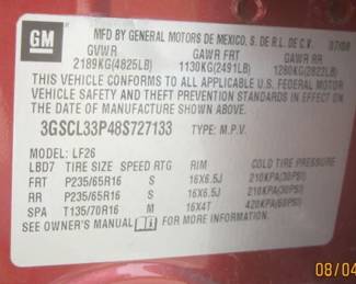 08 SATURN VIN PLATE