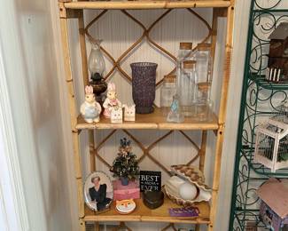 Bamboo Shelf with Diana memorabilia and assorted decor