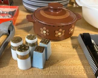 Salt and pepper shakers and crocks
