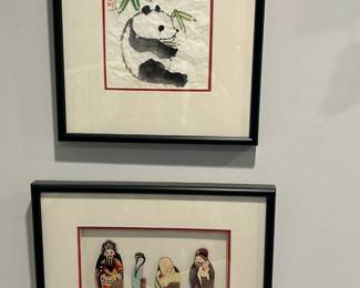 Panda Bear and Chinese figure framed artwork