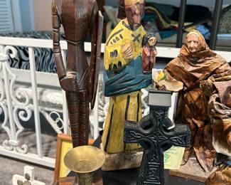 Saint Santo sculpture, Celtic cross, paper mache figures, and Wooden carved Asian Tribal Warrior