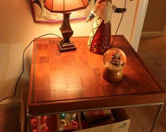 wood top table with chrome trim