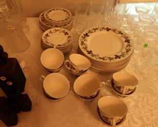 Royal Doulton Burgandy pattern, 12 plates, 10 salad plates, 4 bread plates, 12 saucers, 12 cups , 2 serving bowls