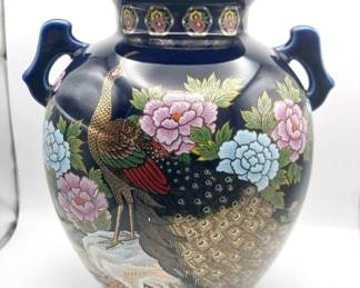 Intricate Floral And Peacock Navy Vase
